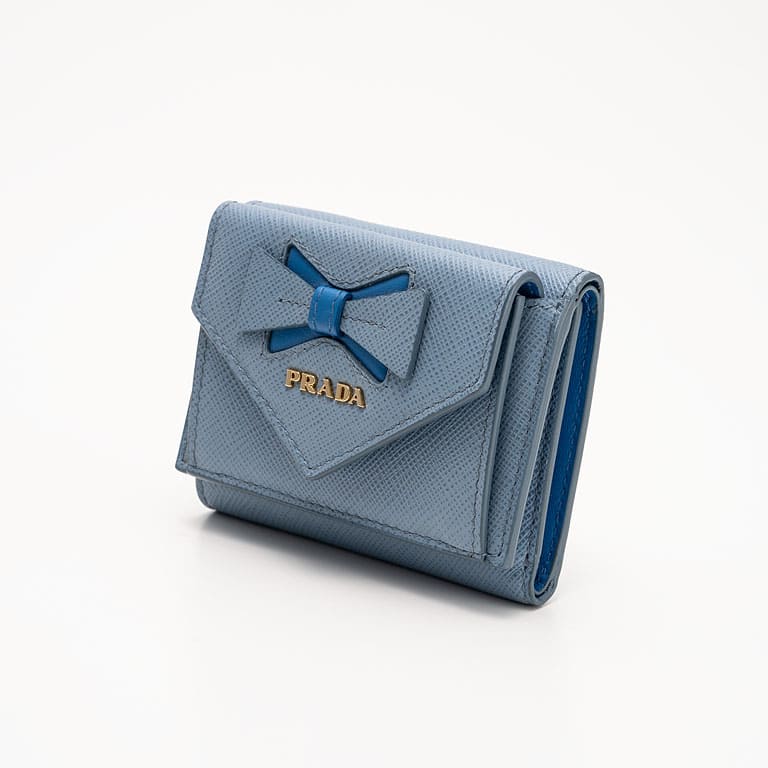 PRADA Compact Saffiano Leather Wallet with Ribbon 1MH021 &lt;Light Blue&gt;
